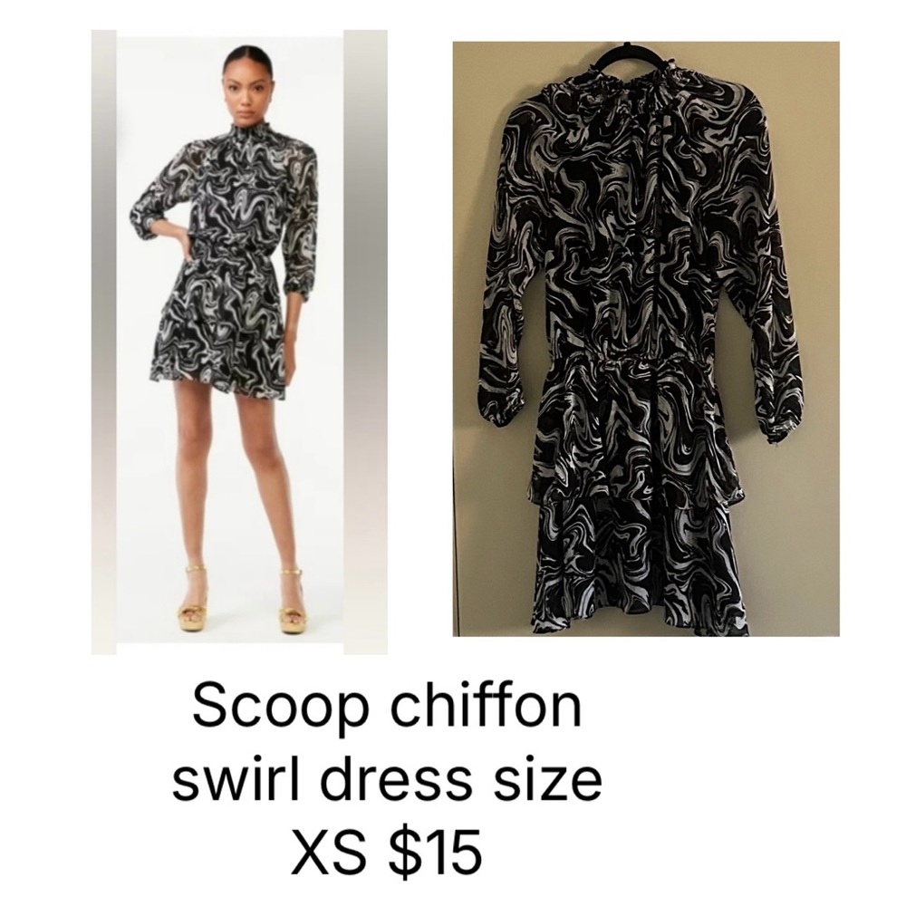 Scoop Chiffon Long-Sleeve Swirl Mini Dress - Black & White